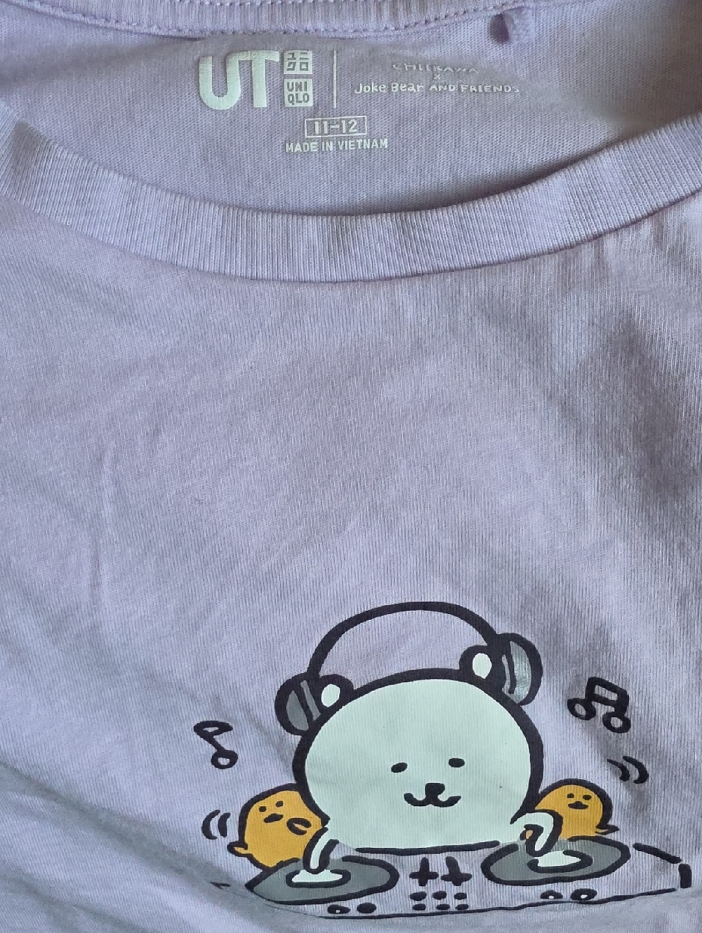 UNIQLO Lavender Graphic Tee with Bear DJ and Yellow Chick Accents